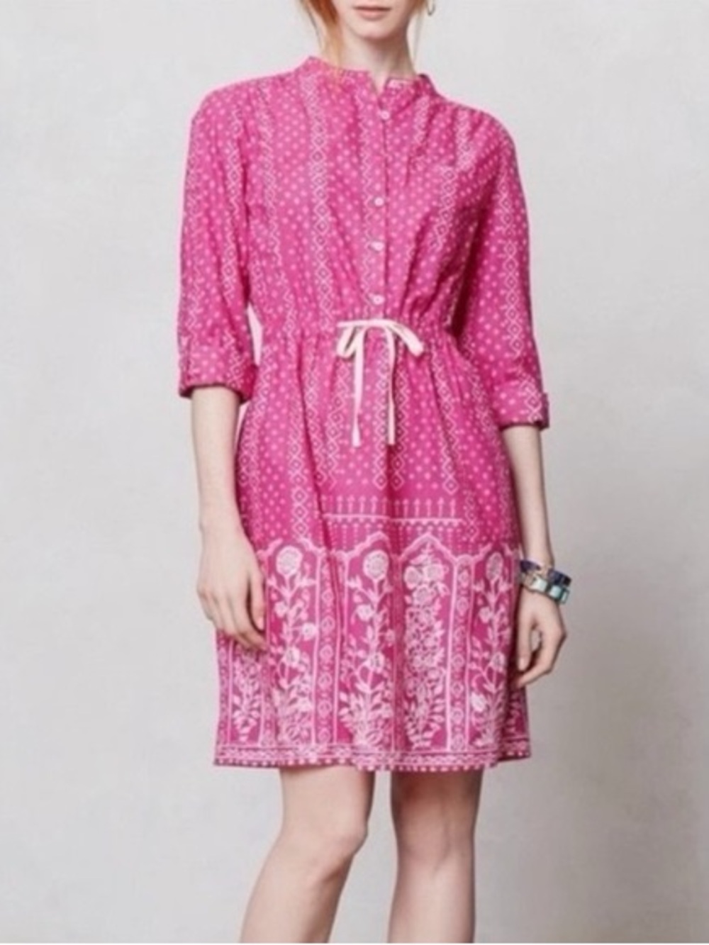 Anthropologie Meadow Rue Pink Patterned Button-Front Drawstring Dress sz 0